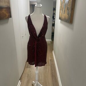 Astr Burgundy Sequin Backless Dress